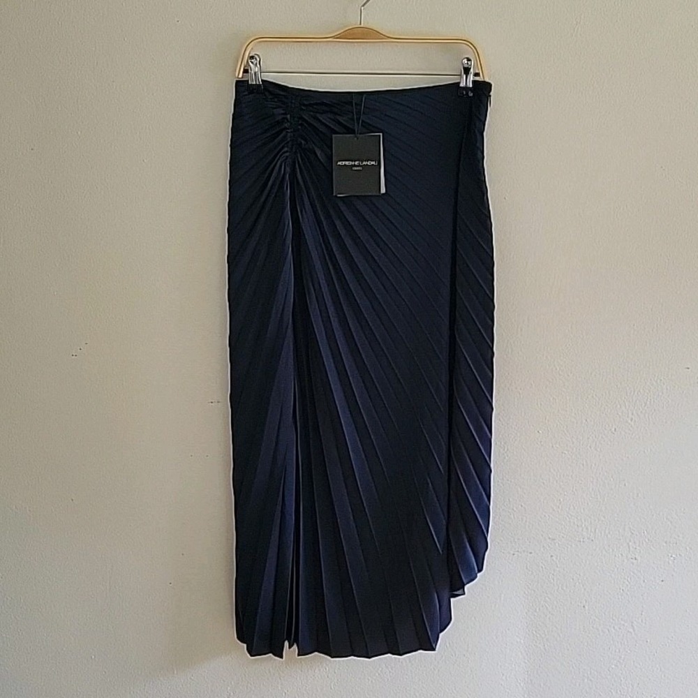 Adrienne Landau Onxy Pleated Satin Asymmetrical Skirt Large Blue Jade Collection